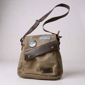 Augur Canvas Messenger Bag Crossbody Khaki Leather Trim Patches